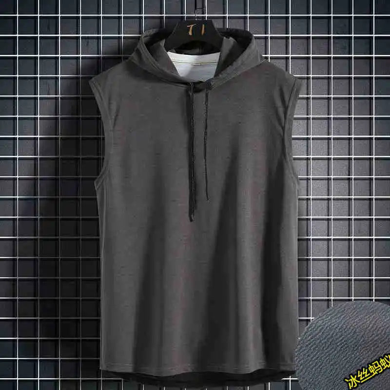 Men Tie Collar Hooded Sleeveless Vests Male Summer Loose Solid Hip Hop Tee Shirt Tops AYH-01
