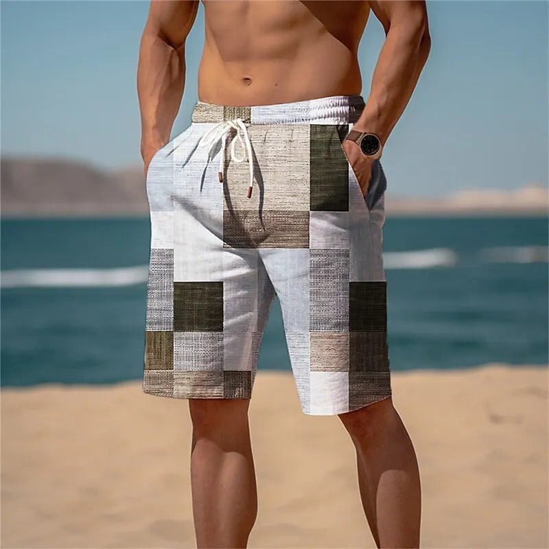 2025 hot selling checkered color block men's vacation 3D printed geometric board shorts swimming pants elastic drawstring Hawaii