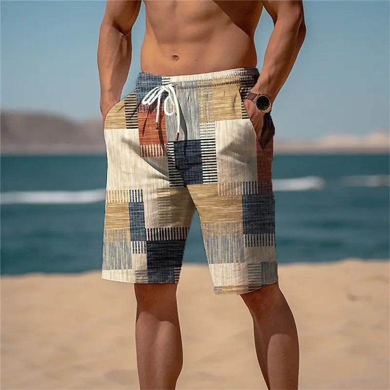 2025 hot selling checkered color block men's vacation 3D printed geometric board shorts swimming pants elastic drawstring Hawaii