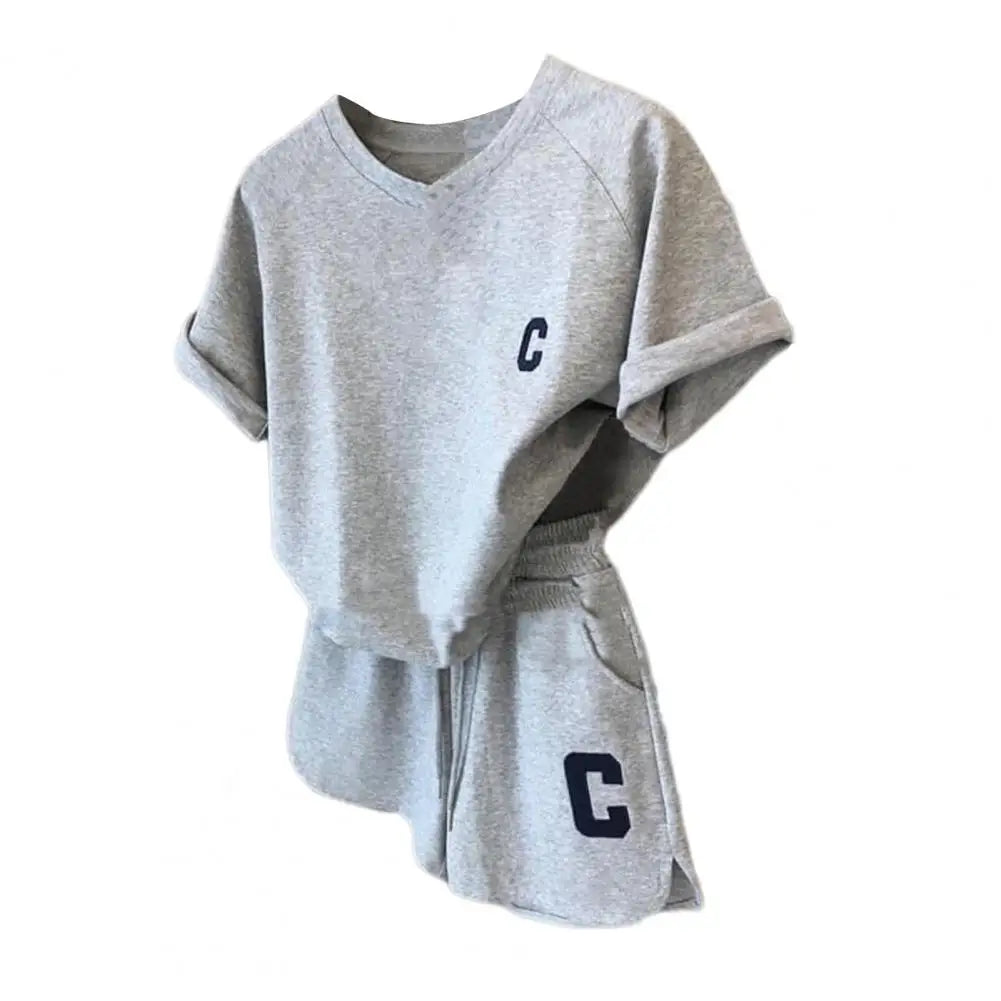 Women Tracksuit C Letter Print Short Sleeve T-shirt Drawstring Shorts Sport Suit Lady Exercise T-shirt Shorts Two-piece Suit