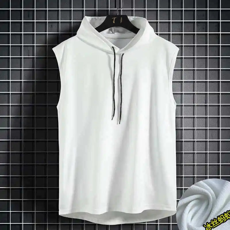 Men Tie Collar Hooded Sleeveless Vests Male Summer Loose Solid Hip Hop Tee Shirt Tops AYH-01