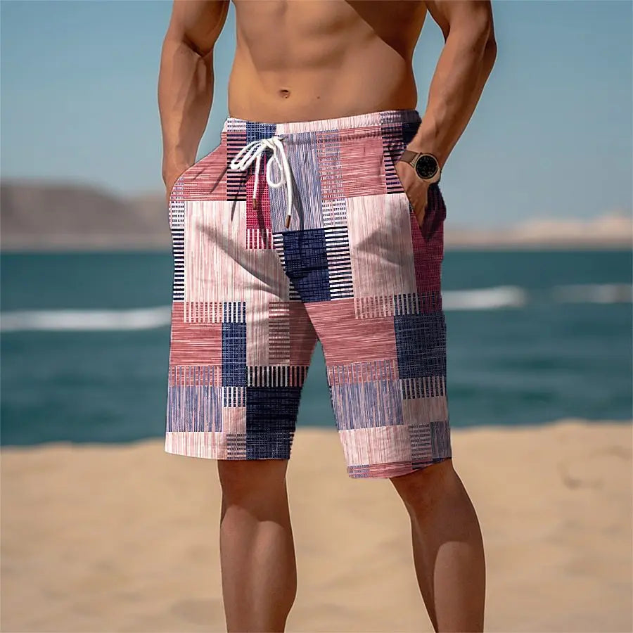 2025 hot selling checkered color block men's vacation 3D printed geometric board shorts swimming pants elastic drawstring Hawaii