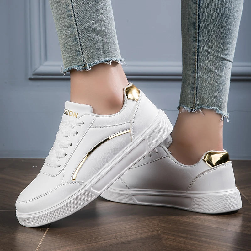 2024 Women's Shoes Trendy Faux Leather Flat Heighten Skate Shoes, Wear Resistance Non Slip Lace Up Sneakers