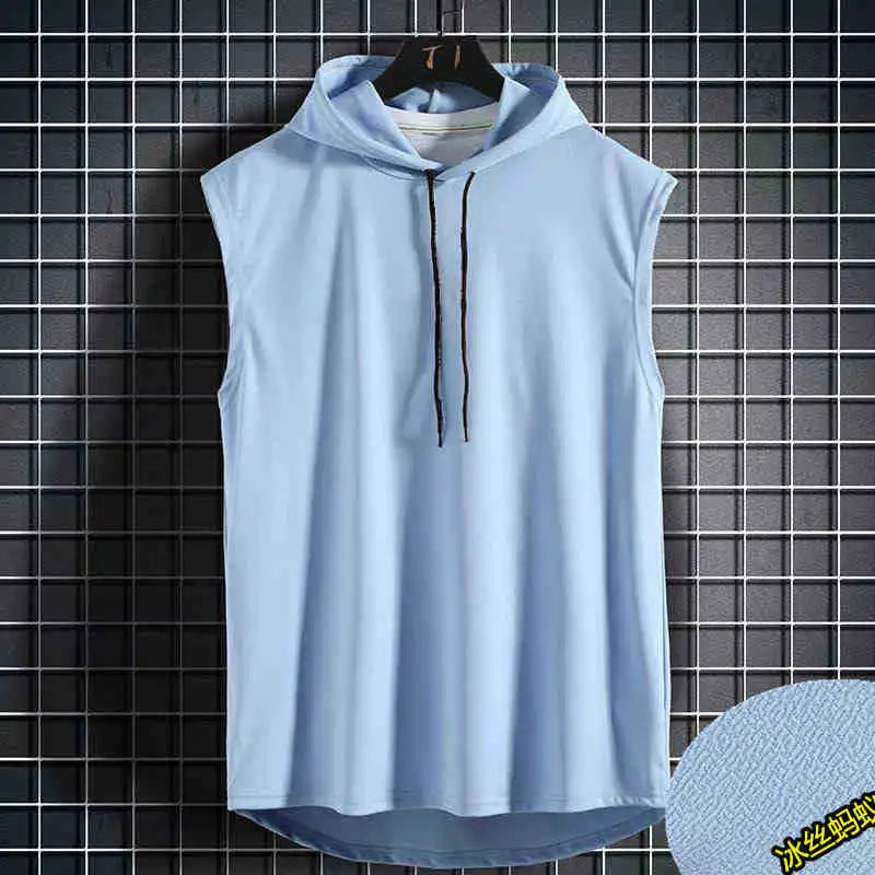 Men Tie Collar Hooded Sleeveless Vests Male Summer Loose Solid Hip Hop Tee Shirt Tops AYH-01