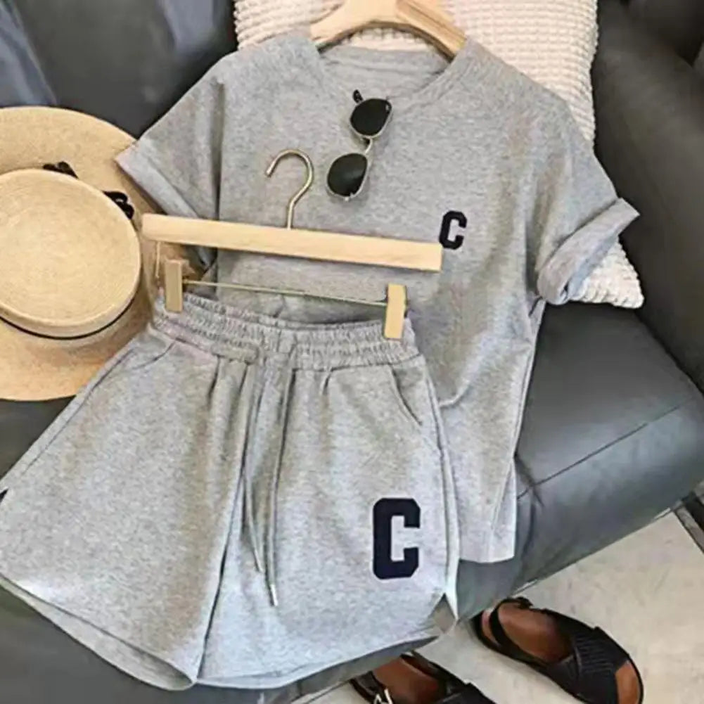 Women Tracksuit C Letter Print Short Sleeve T-shirt Drawstring Shorts Sport Suit Lady Exercise T-shirt Shorts Two-piece Suit