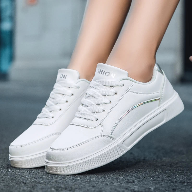 2024 Women's Shoes Trendy Faux Leather Flat Heighten Skate Shoes, Wear Resistance Non Slip Lace Up Sneakers